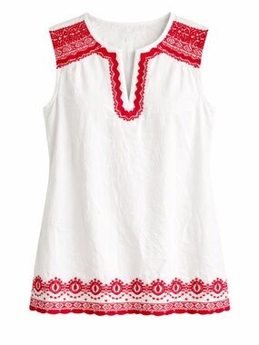 Talbots White Red Embroidered Sleeveless Tunic Top | Boho Peasant Blouse Size XL